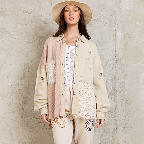 Last 1 POL Cream Embroidered Crochet Lace Button Down Shacket Jacket - Picture 3 of 5